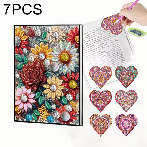 7 Pieces, 1 Diamond Painting Notebook + 6 Bookmarks, Mandala, Flower Pattern, PU Leather, Used as a 
