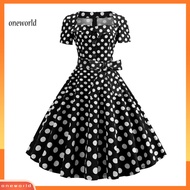 Oneworld| Lace-up Retro Dot Dress Vintage 1950s Style Midi Dress with Big Hem and Belt Square Neck A