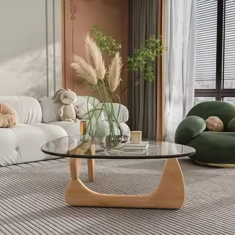 Modern Glass Coffee Table, 32.68" D x 22.44" W x 15.75" H, Abstract Round Tea Tables for Living Room