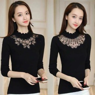 Fashion Korean Version Slim Knitwear Tops Women Half High Collar Lace Bottom Shirt Casual Long Sleeve T-Shirts