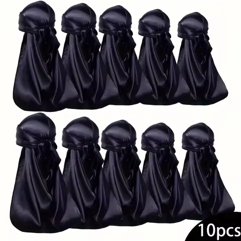 10 Pieces Black Satin Durag Long Tail Wave Cap For Men Breathable Headwrap For Dreadlocks Braids Sal
