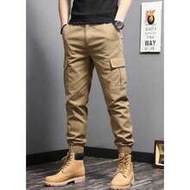 Men's Casual Outdoor Cargo Pants, Solid Color Ankle Tie Drawstring Multi-Pocket 3/4 Pants, Minimalis