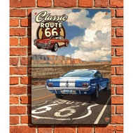 Classic Route 66 Ford Mustang Metal Sign Blue Muscle on Desert Highway with Cloudy Sky - Car Culture