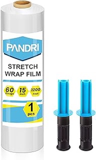 Stretch Film, PANDRI 1 Rolls Stretch Wrap with Handles Industrial Strength, Clear Shrink Wrap, Plastic Wrap for Moving Pallet Wrap, 15" x 1200 Feet, 60 Gauge, 2 Handles