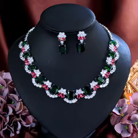 CWWZircons Vintage Multicolor Cubic Zirconia Luxury Big Chunky Necklace Sets for Women Bridal Party 