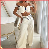 fulaide 2 Pcs/Set Women Crop Top Pants Suit Low-cut Bandeau Sleeveless Ruffle Backless High Waist Wi
