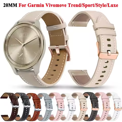 20mm Leather Strap Band For Garmin Vivomove Trend /Vivomove Luxe /Vivomove Style /Vivomove Sport /Vi