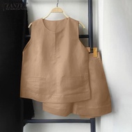 Esolo ZANZEA เซต2ชิ้นสำหรับผู้หญิงเสื้อกล้ามกางเกงขาสั้นเสื้อและกางเกงเสื้ิอแขนกุดชุดที่มีขนาดพิเศษห