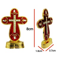 Gold & Red Cross Figurine * Christian Ornament * Rhinestone Religious Decor * Altar Table Car Gift *