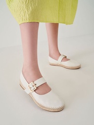 草編方釦瑪莉珍鞋 - 白色