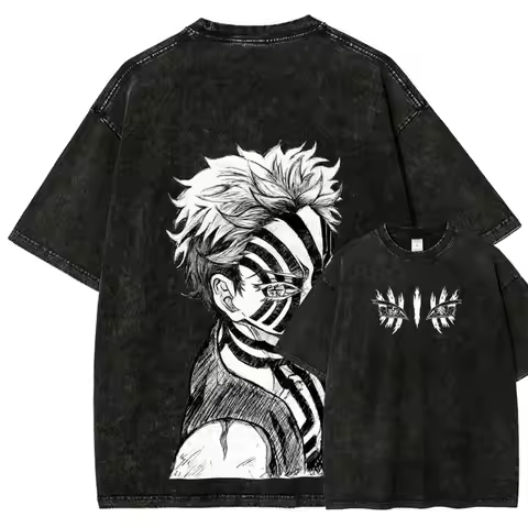 Popular Anime Washed Retro Akaza T-shirt Manga Pattern Men's T-shirt Summer New Style Unisex Casual 