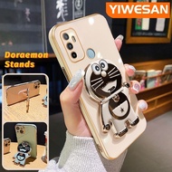 YIWESAN เคสสำหรับ OPPO A53 2020 A53s A32 A11S A33 2020ลายการ์ตูนน่ารักโดราเอมอนมีขาตั้งชุบดีไซน์ใหม่พับได้เคสโทรศัพท์กล้องฝาปิดเลนส์เต็มรูปแบบกันกระแทกเคสนิ่ม