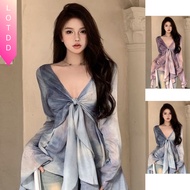 💖LOTDD💖 [ready stock in Malaysia] Glamorous Women's Blouse - Tie-Dyed Mesh Front with Ruffle Trim