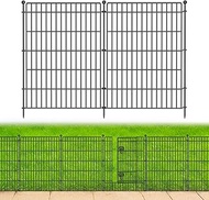 5 Panels No Dig Garden Fence with Gate, 34in(H) × 11.25ft(L) Decorative Metal Outdoor Dog Fence, Rus
