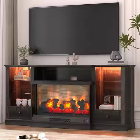 Fireplace TV Stand for 80 inch TV, Farmhouse Media Console with 36" 3D Electric Fireplace & Remote, 