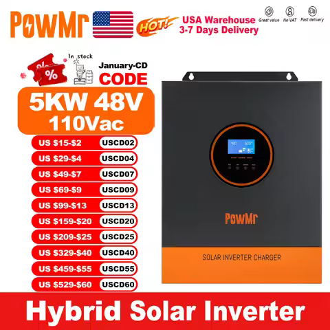PowMr 5000W 48V 110/120VAC Output MPPT Hybrid Solar Inverter PV 500VDC With MPPT 80A Charger Control
