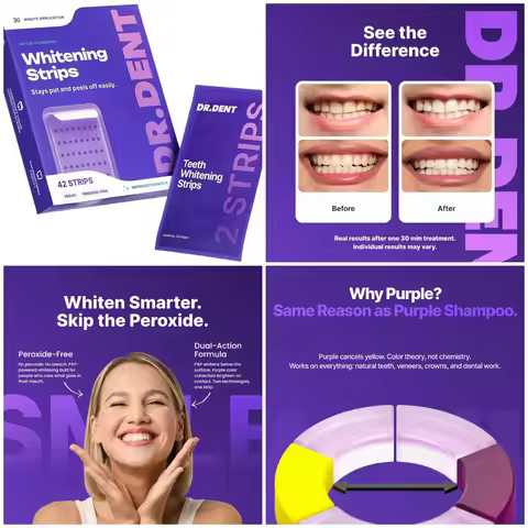 Purple Teeth Whitening Strips 21 Treatments - Safe for Enamel - Non Sensitive - No Harm - Pack of 42