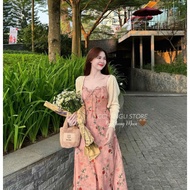 Women's dress Set 2 Piece, long maxi 2-strap floral dress with cute beachJacket dx