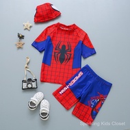 Boys' Spider-Man Print 2-Piece Swimsuit Set with Swim Cap, Quick-Dry Rash Guard