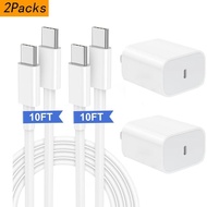 2 Pack 20W Super Fast Charger with 6FT/10FT Type-C to C Cable for iPhone 16/15,Pro 12.9/11,Air,Mini,