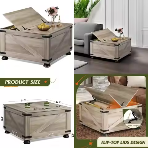 Farmhouse Coffee Table, 31.5 Square Wood Center Table with Flip-Top Lids and Large Hidden Storage Co