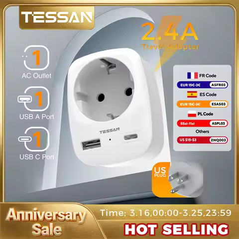 TESSAN Travel Adapter EU To USA Adapter America Europe Plug with USB C 3A Socket Adapter Travel Powe