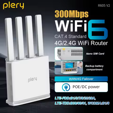 Plery R605 V2 4G LTE CAT4 WiFi6 Router 300Mbps POE DC Modem Portable SIM Card Hotspot Backup Battery