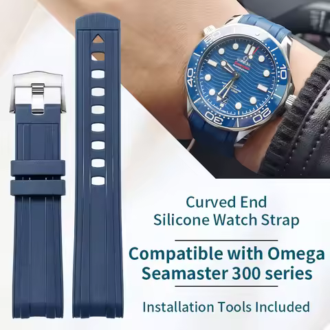 Original Curved End Silicone Rubber Strap for Omega Seamaster 300M 42mm Men's Watch - Black Diver De