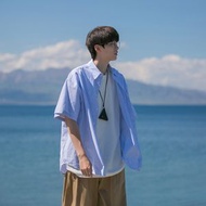 日系潮男條紋恤衫 夏季短袖休閒工裝襯衫 韓風寬鬆男生外套- 藍色 短袖 M