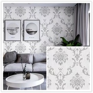" Wallpaper Dinding Ruang Tamu Motif Batik Putih Abu Klasik