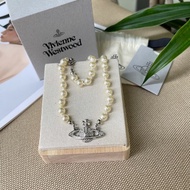 【全套99新✨全網最低價】Vivienne Westwood/西太后 MINI BAS RELIEF浮雕土星吊墜 珍珠項鏈 銀色
