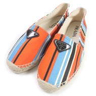 Unused PRADA 2DE136 Striped Triangle Logo Plate Plaque Espadrilles Slip-Ons Orange Size 8 Made in Sp