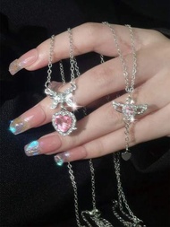 2入組時尚甜美y2k粉色鑽石丘比特之心蝴蝶結愛心項鍊,適用於女性日常佩戴