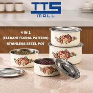 (TTS MALL) Set Periuk 4-dalam-1 Stok Makanan Keluli Tahan Karat dengan Penutup & Corak Bunga Elegan 