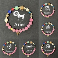 12 Constellation Natural Stone Beaded Bracelet Zodiac Sign Charm Bracelet Colorful Beads Elastic Str