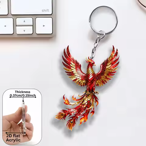 Phoenix Pattern Keychain,Fenghuang 2D Flat Acrylic Pendant,Divine Birds Trinket,Ornament Bag Charm,G