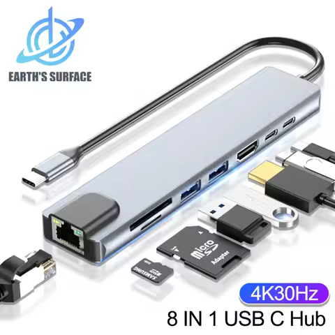 8 In 1 USB C Hub Type C Extender HDMI-compatible Adapter Laptop Converter With RJ45 SD Card Reader P