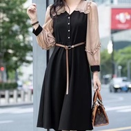Black long sleeve V-neck belt dress from France