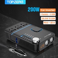 TOPZERO 12v 24v To 220v Power inverter 200W Car Inverter Converter USB Charger Quick Charge Car Adaptor Socket To Outlet Fast Charging Station For Xiaomi Samsung iPhone