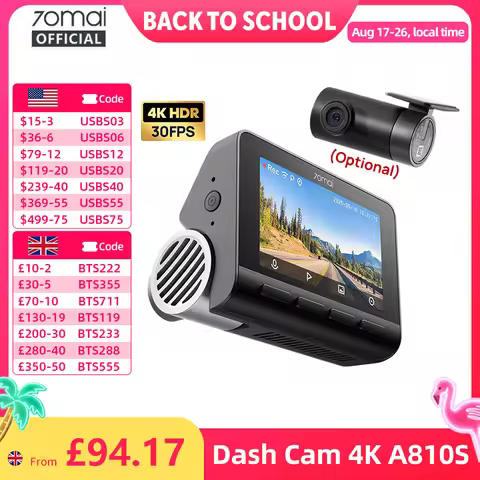 70mai Dash Cam A810S 4K HDR GPS ADAS Auto Record Dual-Channel Motion Detection 4G LTE Support Car DV