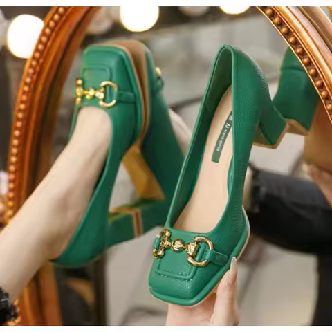 Women's Mid-heel Pumps 2025 Summer French Style Back Empty Female Thick Heel Square Toe Mary Jane Sh