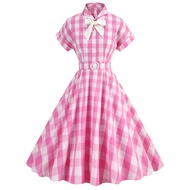 Hepburn-style 50s Dress Checkered Pink Bow Tie Dress