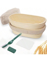 一套手工編織麵包發酵籃套裝(包括1個塑料刮板、1個橡膠修剪工具、1個亞麻布),實色長形印尼籐籃子,適用於家庭烘焙、烘培坊
