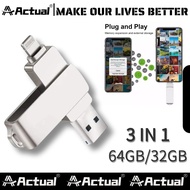 Actual 【COD】U disk 32GB 64GB 128GB 3 in 1 Micro OTG Flash Drive Memori USB Flashdisk Android Dan Kom