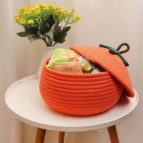 Pumpkin Basket With Lid Woven Storage Basket Halloween Candy Basket Home Organization Rope Pumpkin B