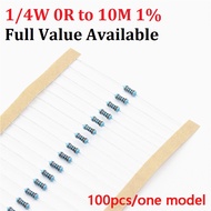 100ชิ้น1/4วัตต์1R--10M 1% 1พันโอห์ม10พัน4.7พัน2.2พัน100R 200R 470R 1/2/3/4/5/6/7/8/9/R/K 0.25Wโลหะตั