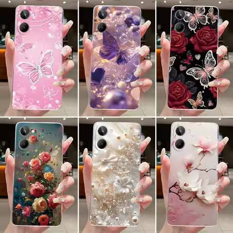 For Oppo Realme 10 4G Case Silicone Soft Transparent Butterfly Flower Cover Realme 10 4G Clear Phone