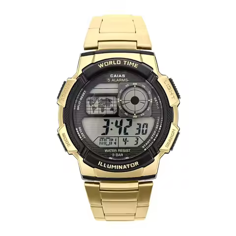 CAIAS Men's Sports Digital Watch: Full-Featured, World Time, LED, Alloy Oak Series