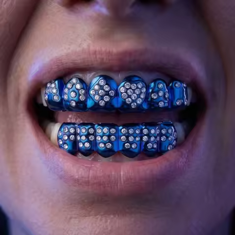 Glossy Finish Teeth Grillz Top Bottom Set Eco-friendly Copper Shiny Teeth Grillz Caps Rhinestone Blu