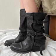 Cowgirl Vibes - Women's Distressed Cowhide Western Boots with Belt Buckle